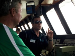 Tom talking shop on the bridge with Captain Gary.