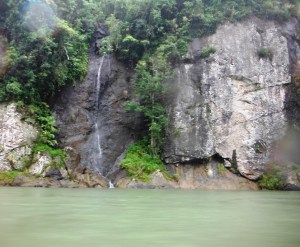 Waterfalls abounded along the sheer rock walls of the river.
