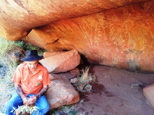 A classroom cave used for teaching young boys in the Aboriginal ways. Vincent described this wall as an Aboriginal chalk board.