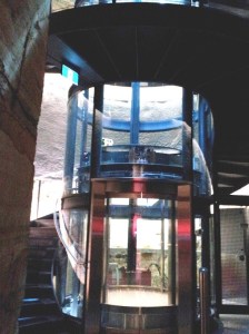 This is the cylindrical elevator with the staircase wrapped around.