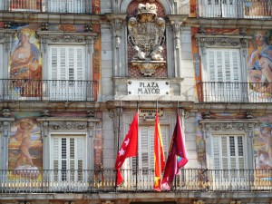 This is part of one of the four walls that surrounds Plaza Mayor - the main square in Puerta de Sol. Look closely at the frescos that decorate the walls.