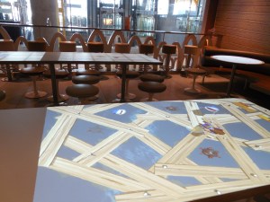 This is a table top at the McDonalds in the Madrid Airport where we had a 4 hour layover. They have video games projected onto the table tops. Tom and I played Shark Attack - fun.