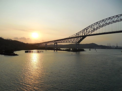 A lovely sunset view of the Bridge of the Americas as we sail into the Bay of Panama and the Pacific Ocean.